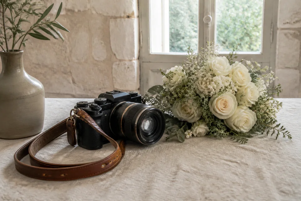 Appareil photo et accessoires de reportage de mariage — illustration générée par IA