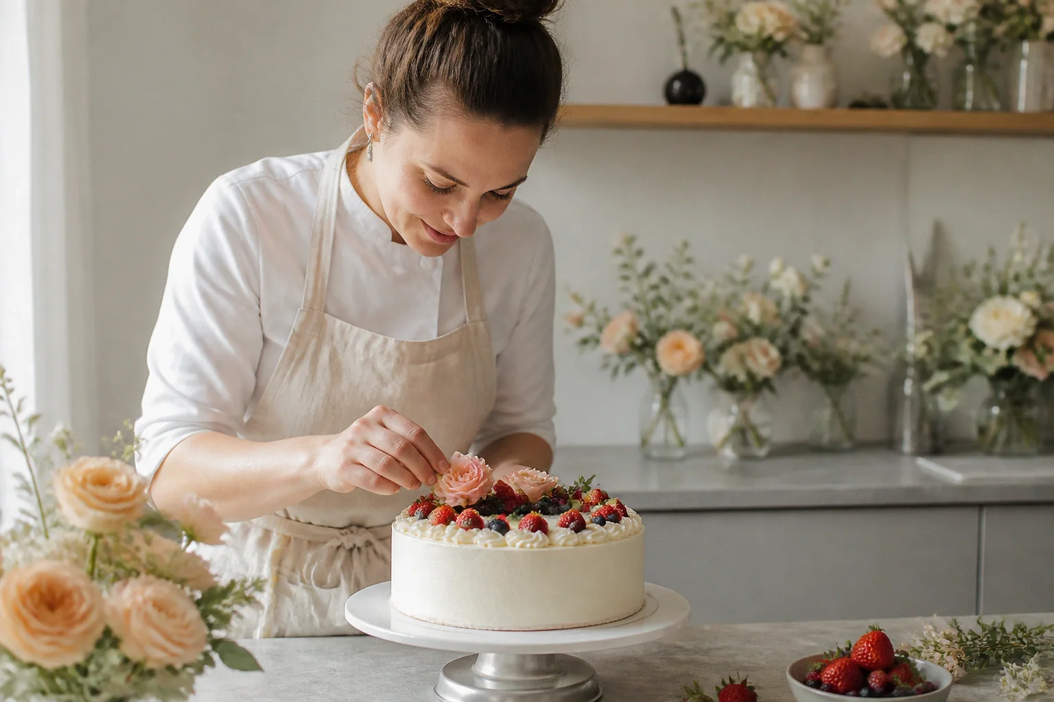 Gâteau de mariage préparé dans un atelier — illustration générée par IA