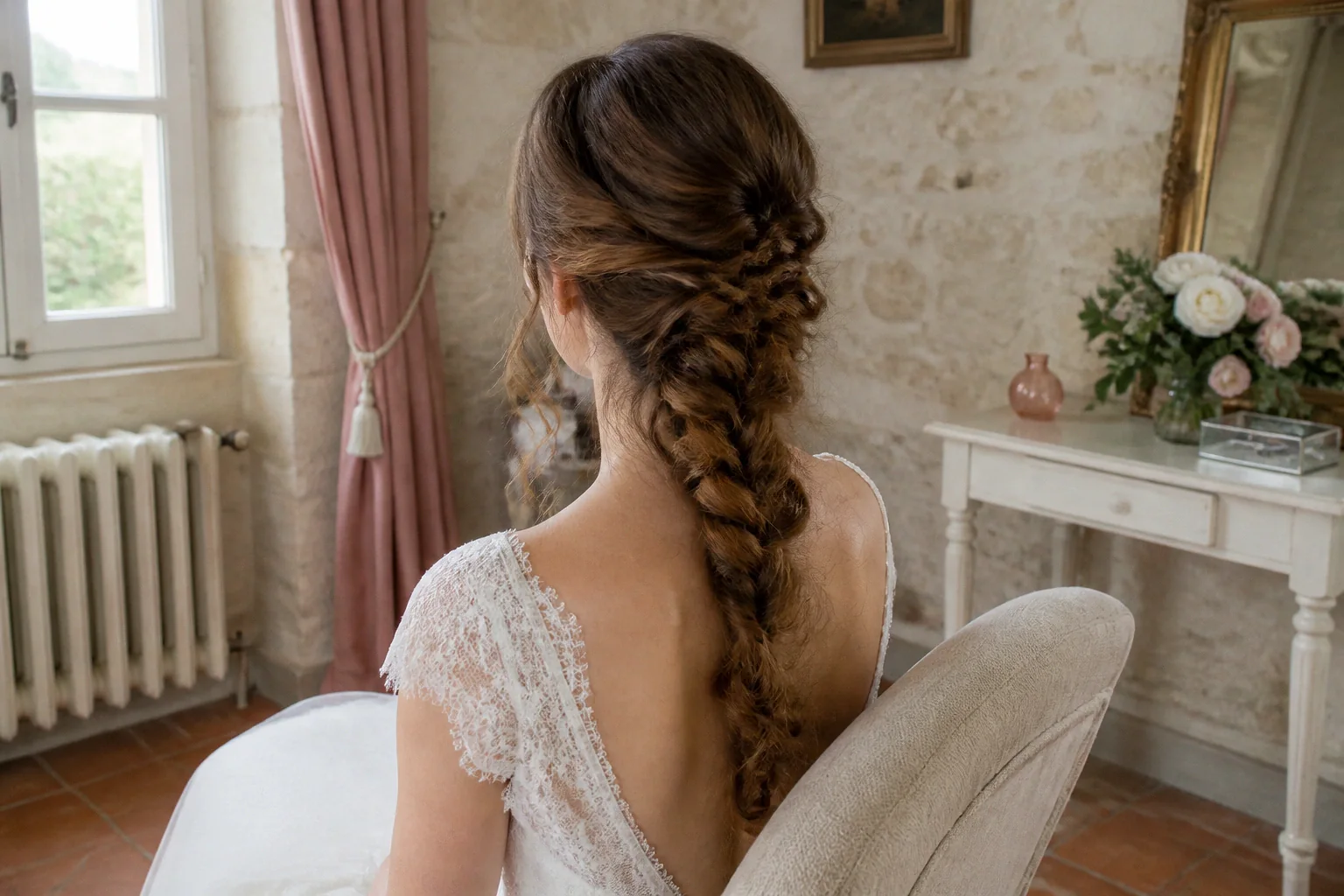 Coiffure de cérémonie vue pendant la préparation — illustration générée par IA