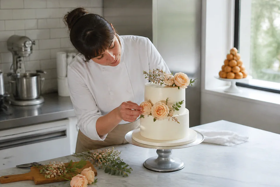 Gâteau de mariage préparé dans un atelier — illustration générée par IA