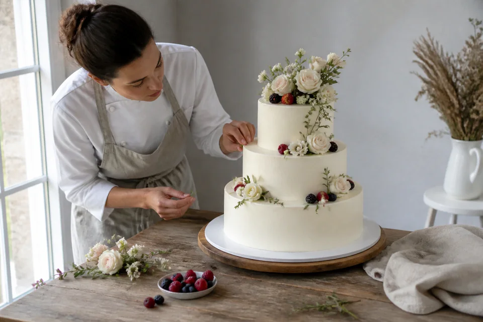 Gâteau de mariage préparé dans un atelier — illustration générée par IA