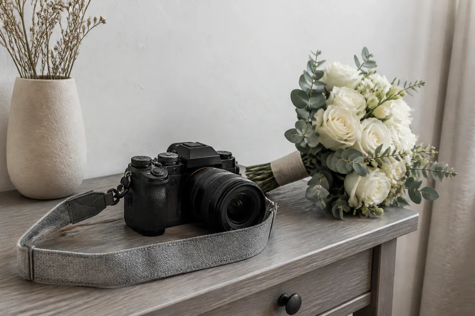 Appareil photo et accessoires de reportage de mariage — illustration générée par IA