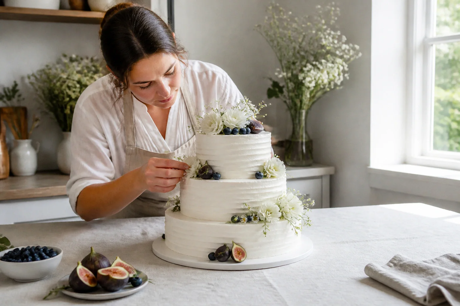 Gâteau de mariage préparé dans un atelier — illustration générée par IA
