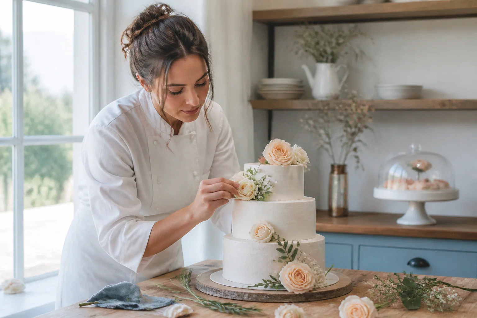 Gâteau de mariage préparé dans un atelier — illustration générée par IA