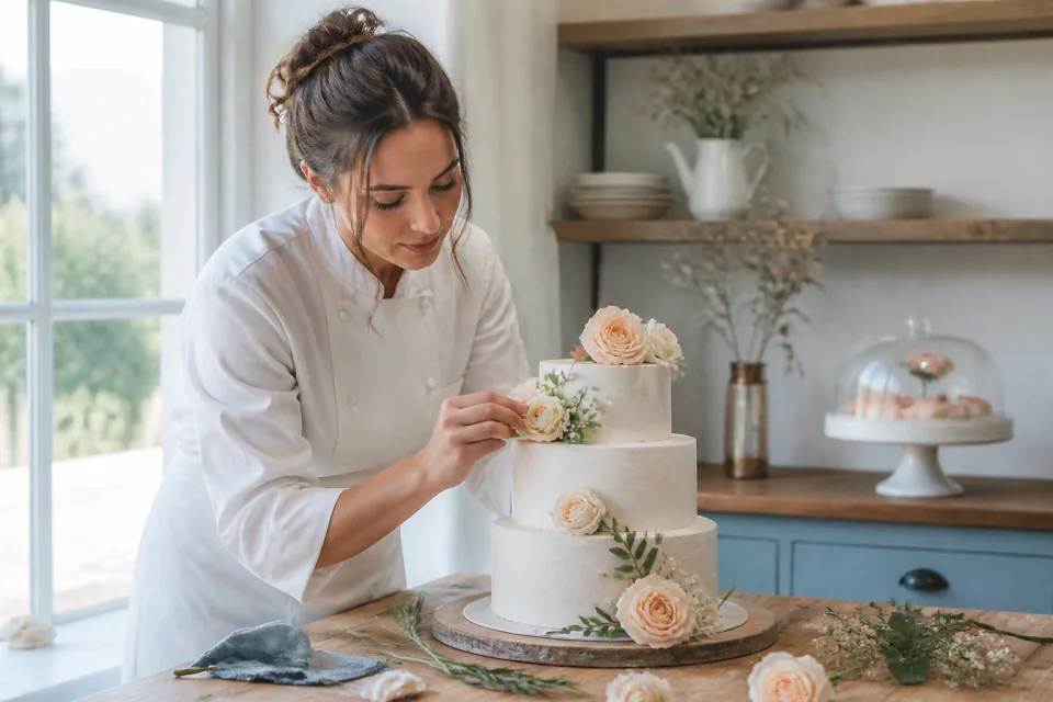 Gâteau de mariage préparé dans un atelier — illustration générée par IA