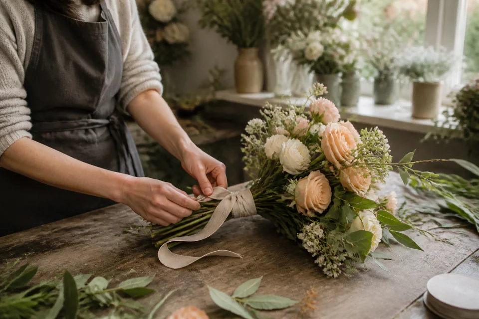 Préparation florale pour un mariage — illustration générée par IA