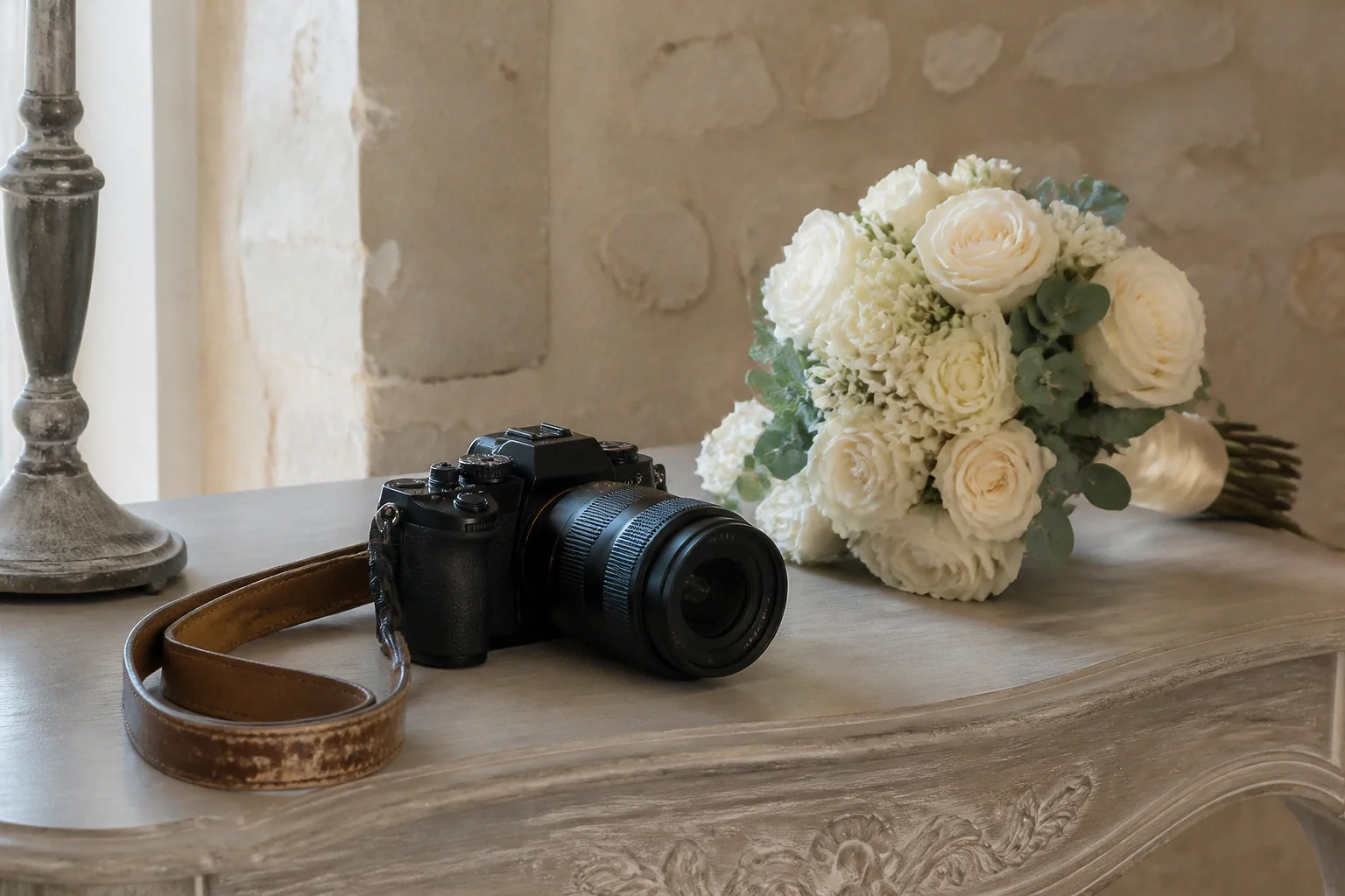 Appareil photo et accessoires de reportage de mariage — illustration générée par IA