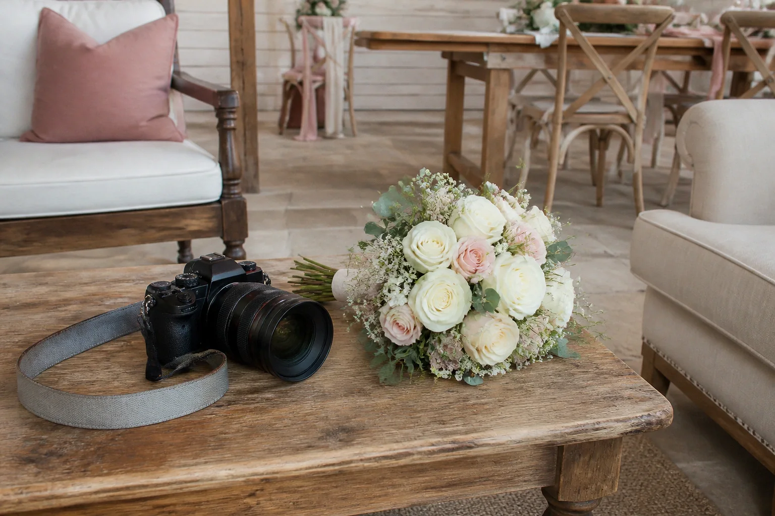 Appareil photo et accessoires de reportage de mariage — illustration générée par IA