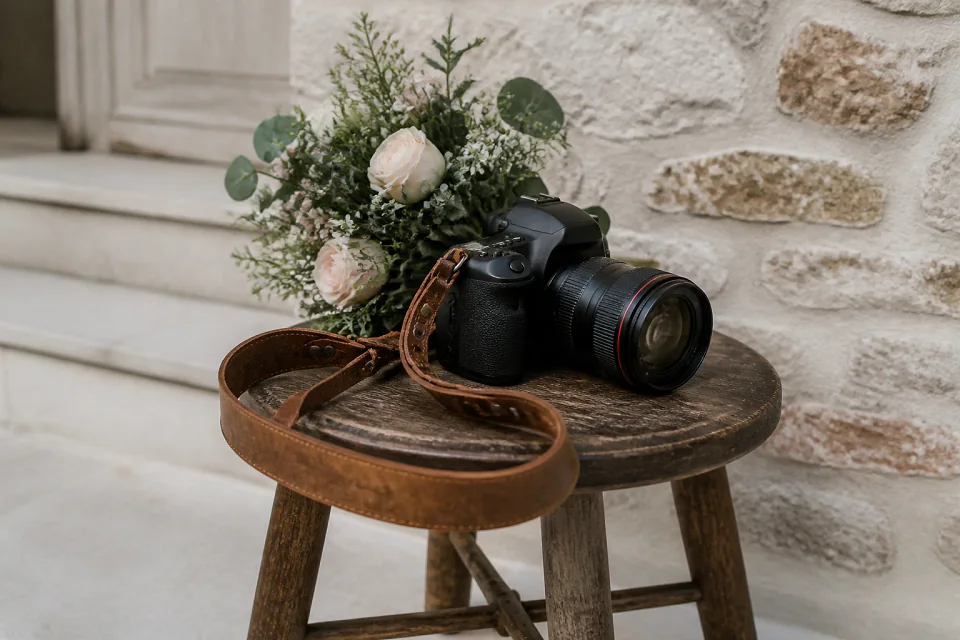 Appareil photo et accessoires de reportage de mariage — illustration générée par IA