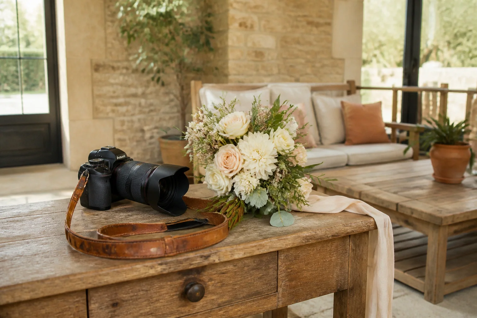 Appareil photo et accessoires de reportage de mariage — illustration générée par IA