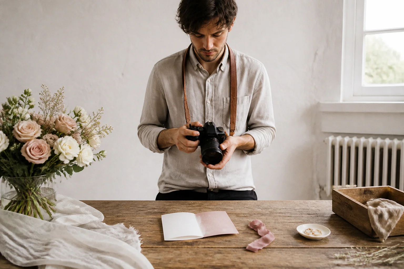Appareil photo et accessoires de reportage de mariage — illustration générée par IA