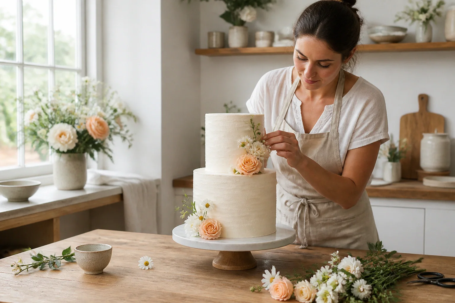 Gâteau de mariage préparé dans un atelier — illustration générée par IA