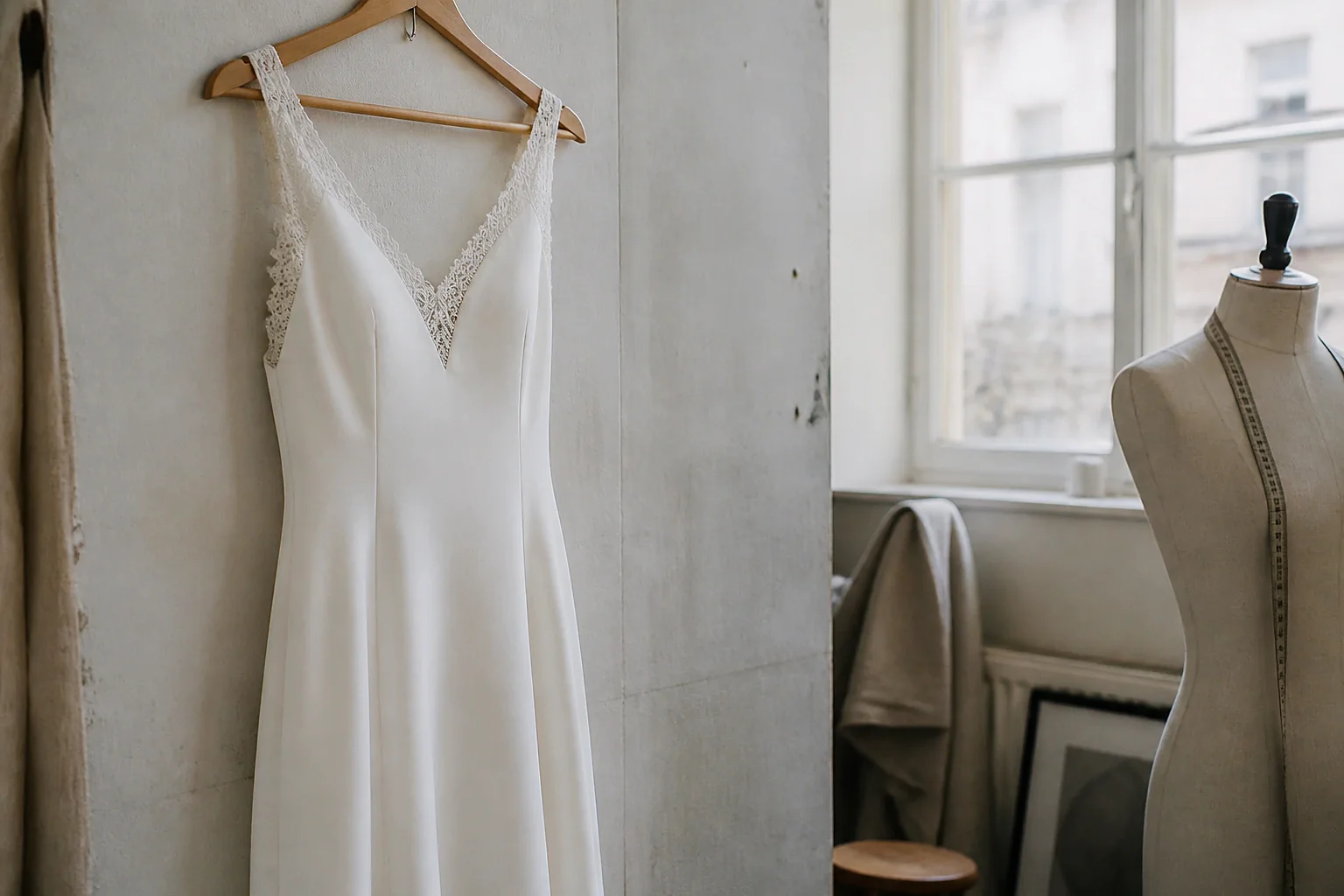 Robe de mariée dans un atelier de confection — illustration générée par IA
