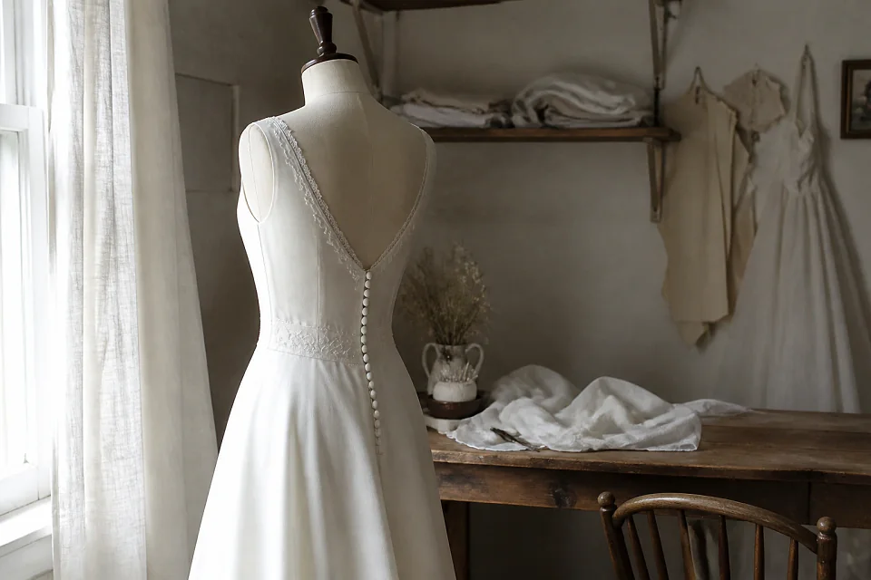 Robe de mariée dans un atelier de confection — illustration générée par IA