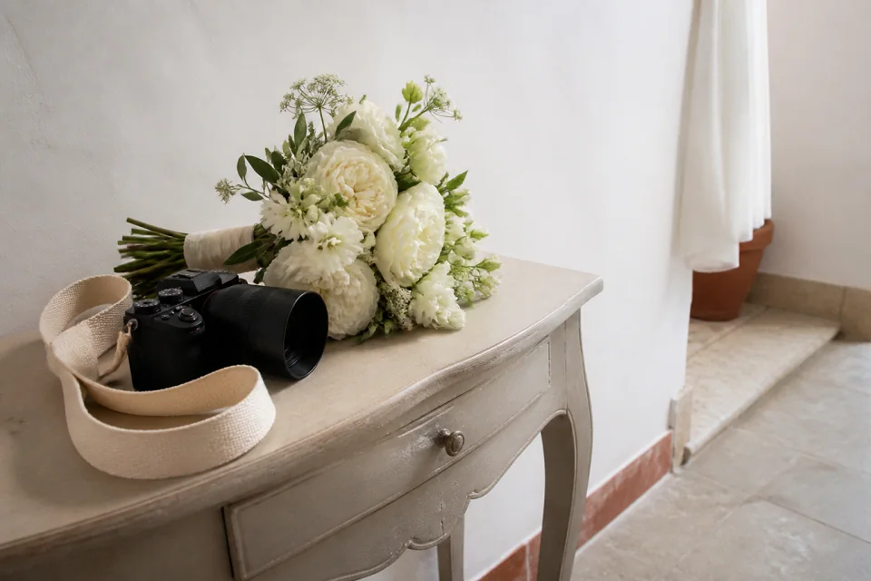 Appareil photo et accessoires de reportage de mariage — illustration générée par IA