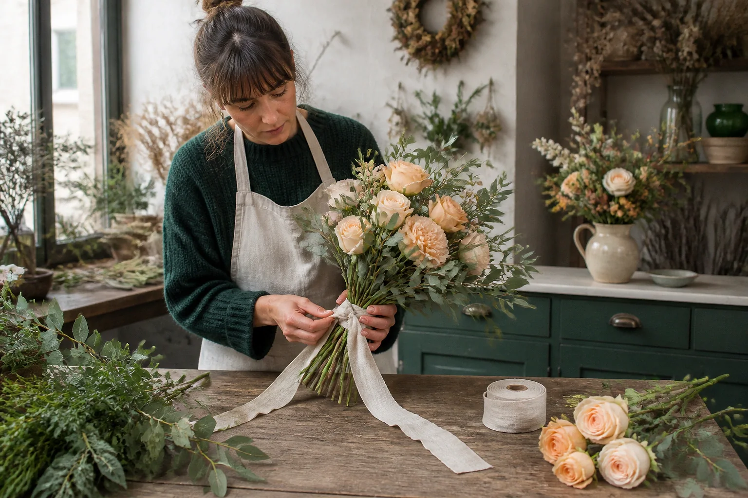 Préparation florale pour un mariage — illustration générée par IA