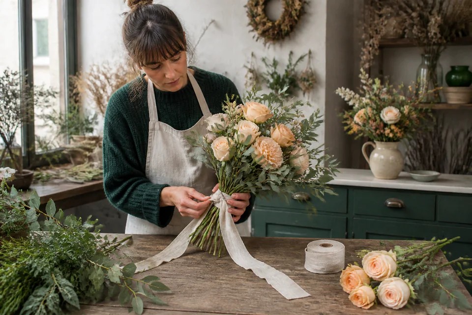 Préparation florale pour un mariage — illustration générée par IA
