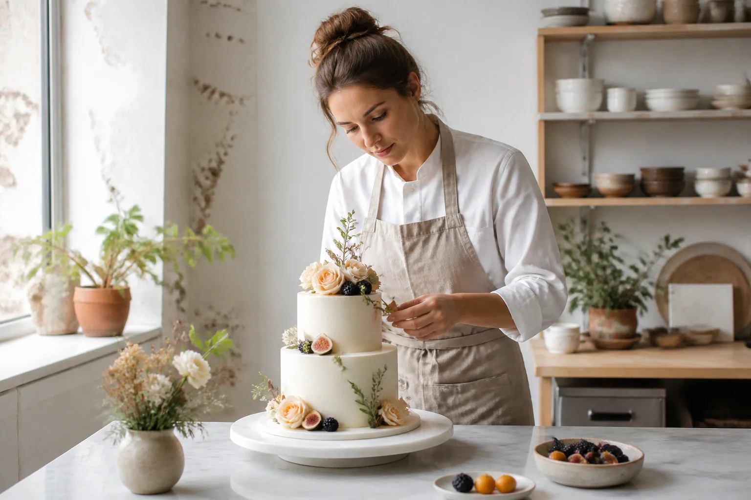 Gâteau de mariage préparé dans un atelier — illustration générée par IA