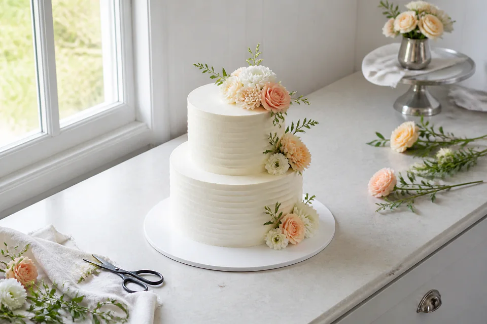 Gâteau de mariage préparé dans un atelier — illustration générée par IA