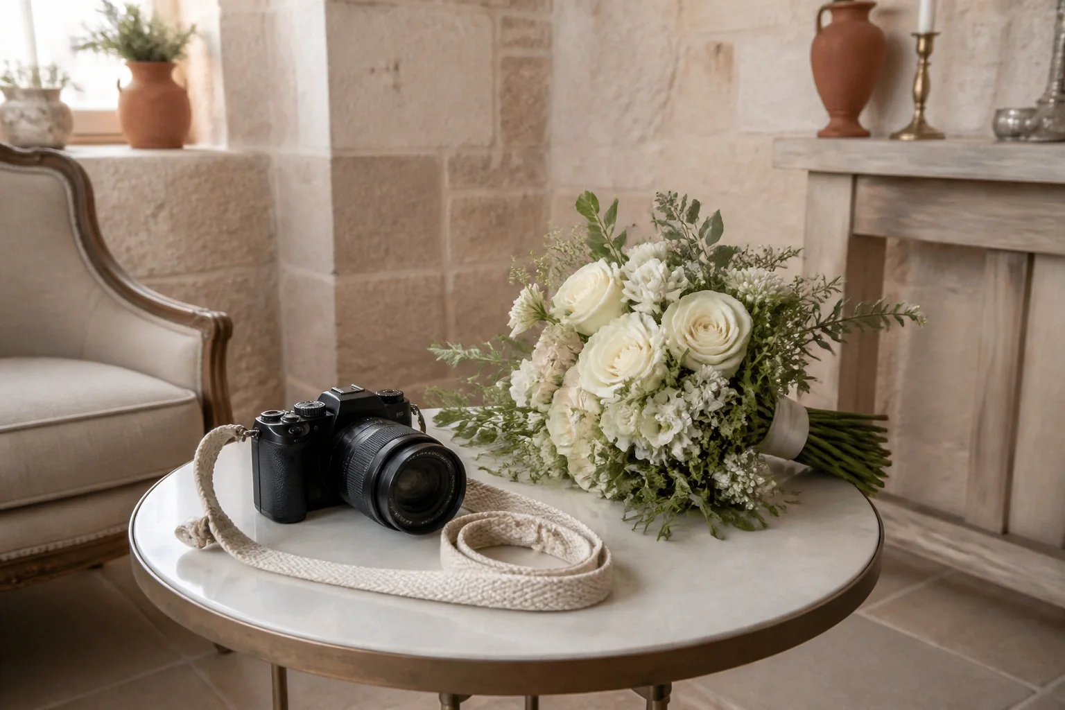 Appareil photo et accessoires de reportage de mariage — illustration générée par IA