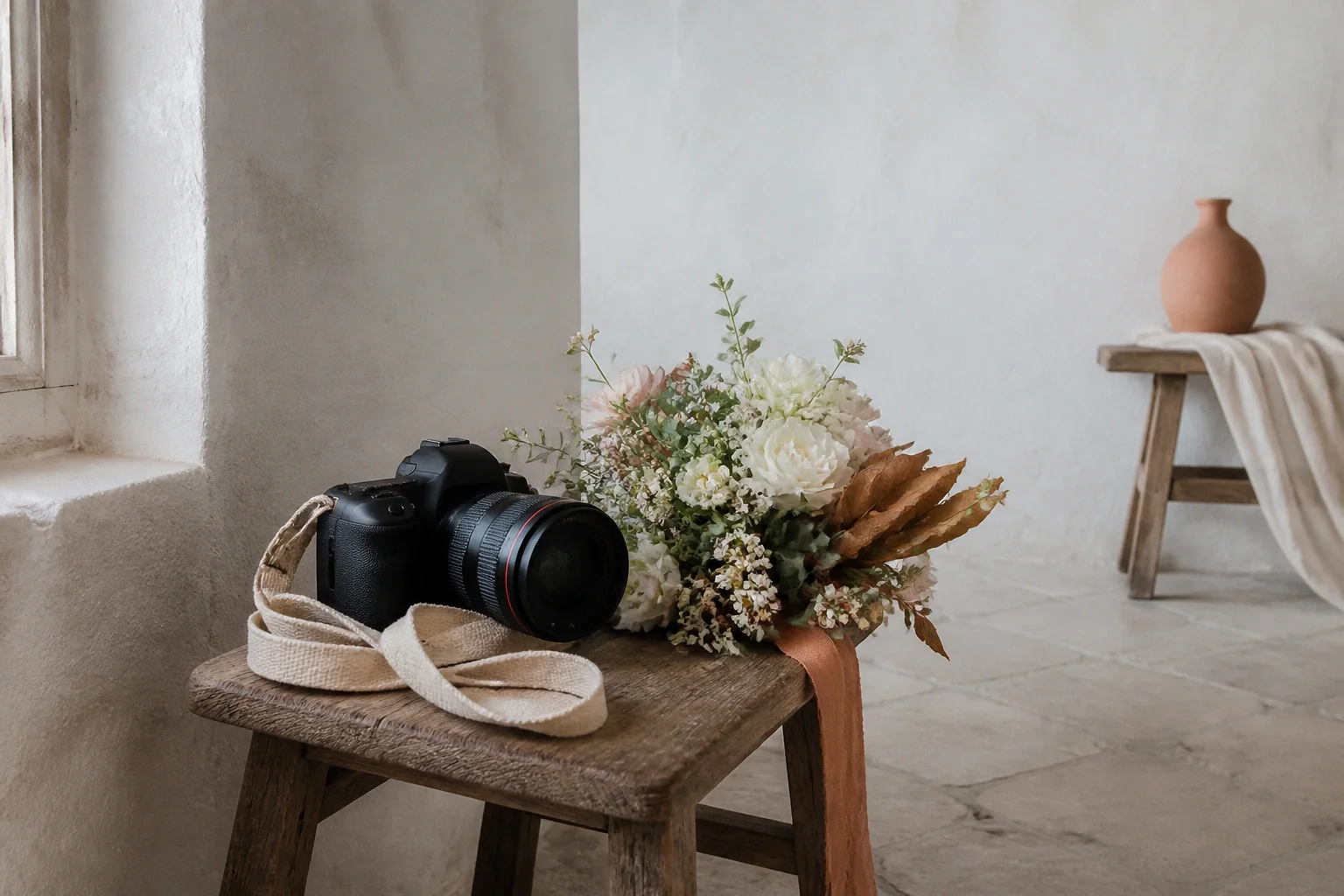 Appareil photo et accessoires de reportage de mariage — illustration générée par IA