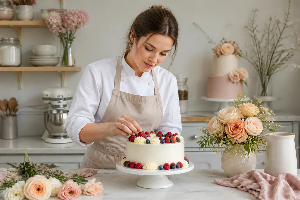 Gâteau de mariage préparé dans un atelier — illustration générée par IA