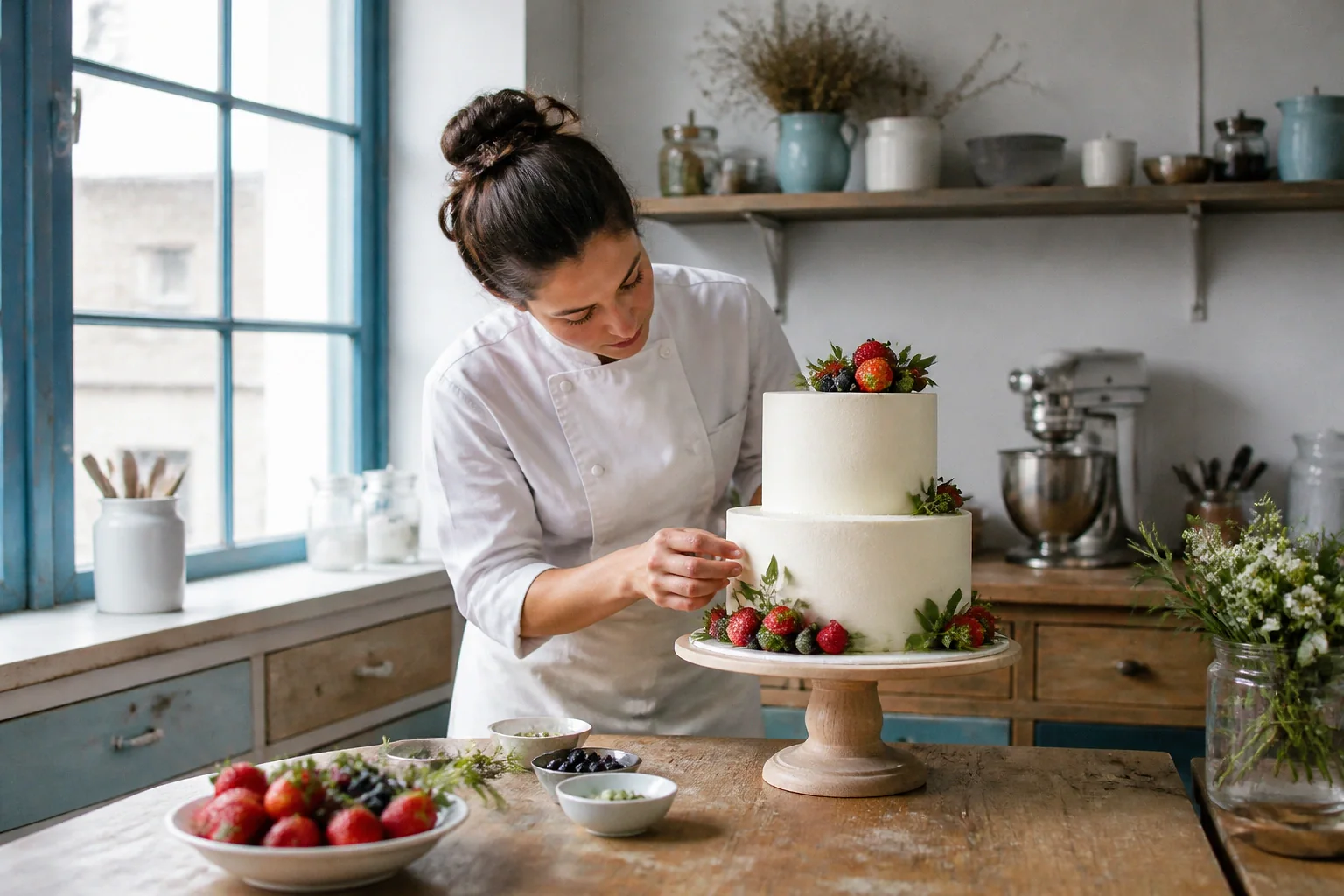Gâteau de mariage préparé dans un atelier — illustration générée par IA