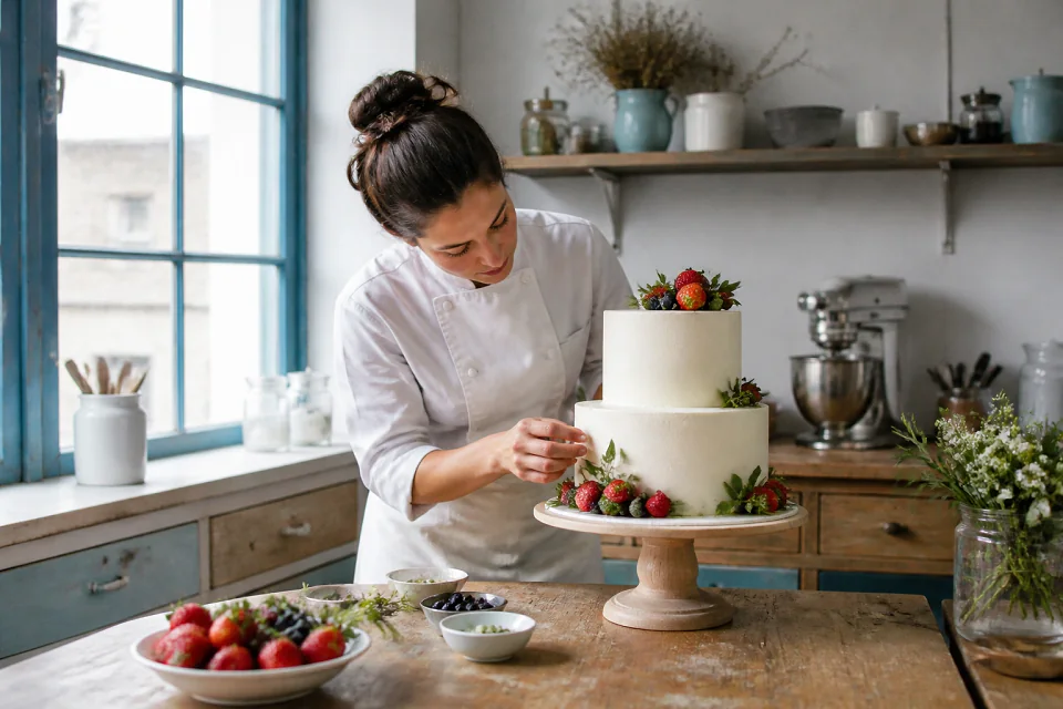 Gâteau de mariage préparé dans un atelier — illustration générée par IA