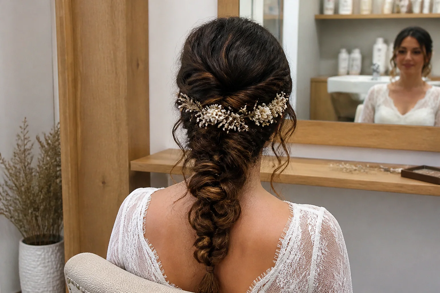 Coiffure de cérémonie vue pendant la préparation — illustration générée par IA