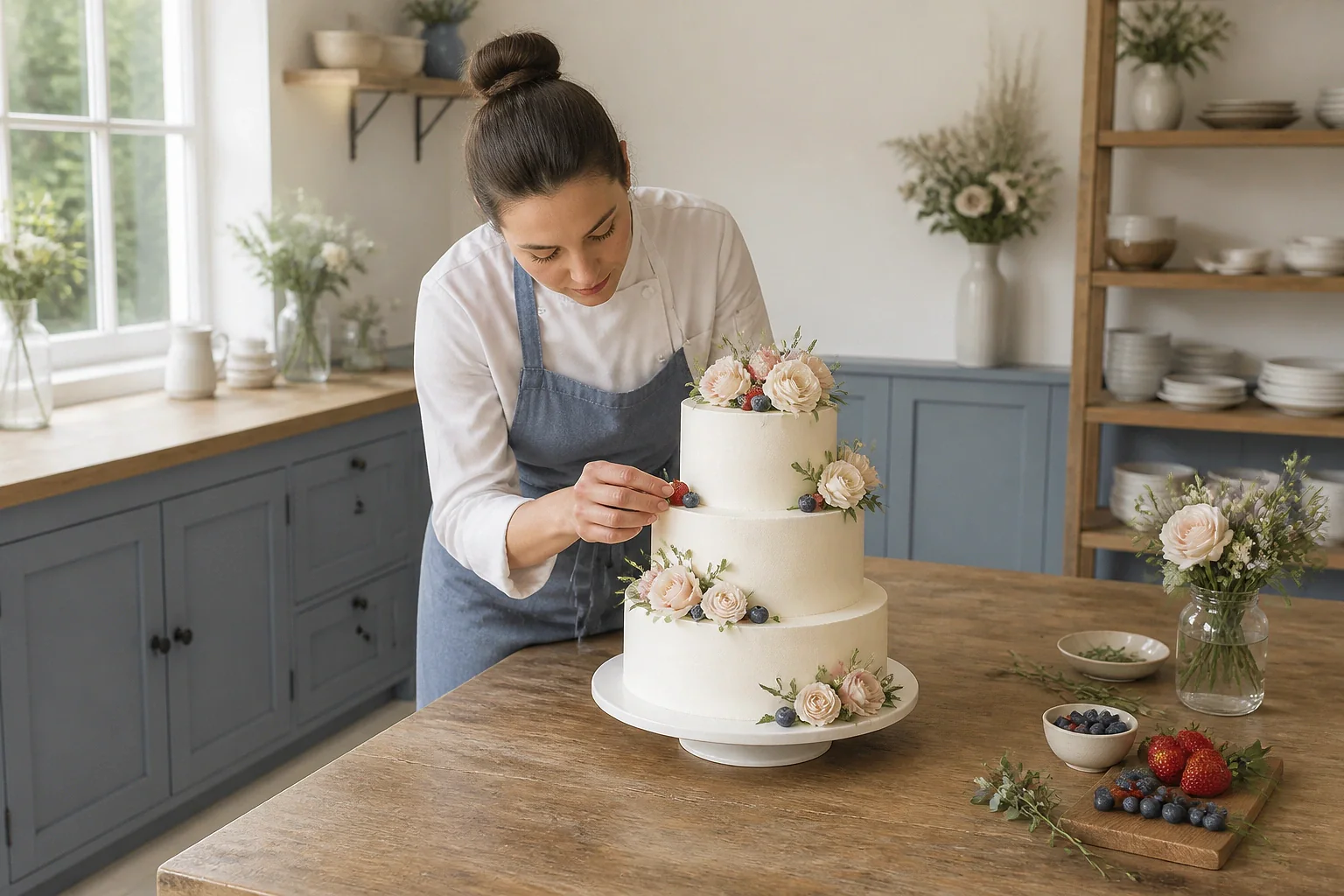 Gâteau de mariage préparé dans un atelier — illustration générée par IA