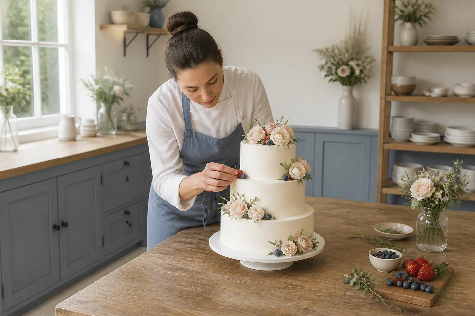 Gâteau de mariage préparé dans un atelier — illustration générée par IA