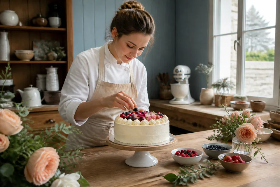 Gâteau de mariage préparé dans un atelier — illustration générée par IA