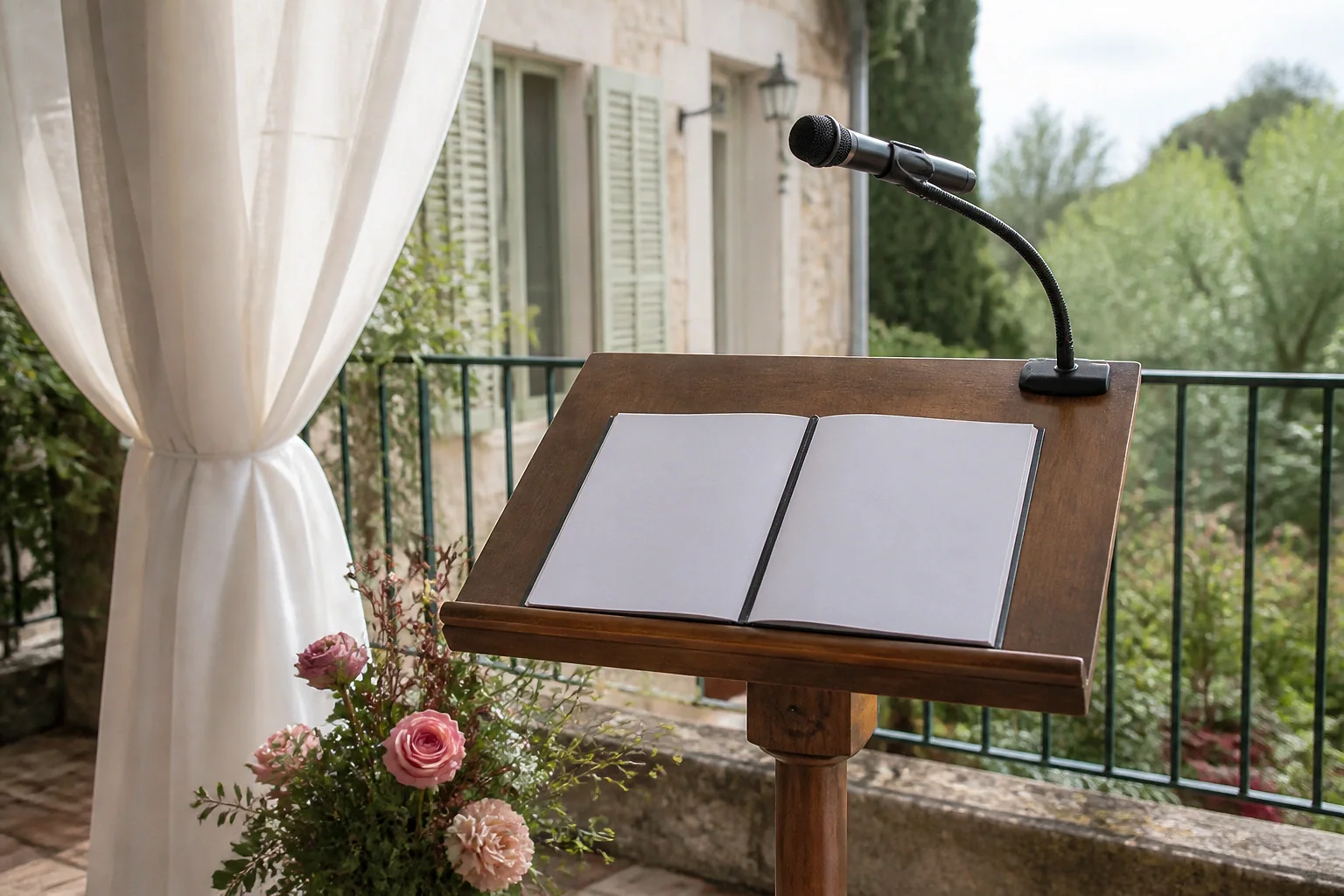 Préparation d’une cérémonie laïque de mariage — illustration générée par IA