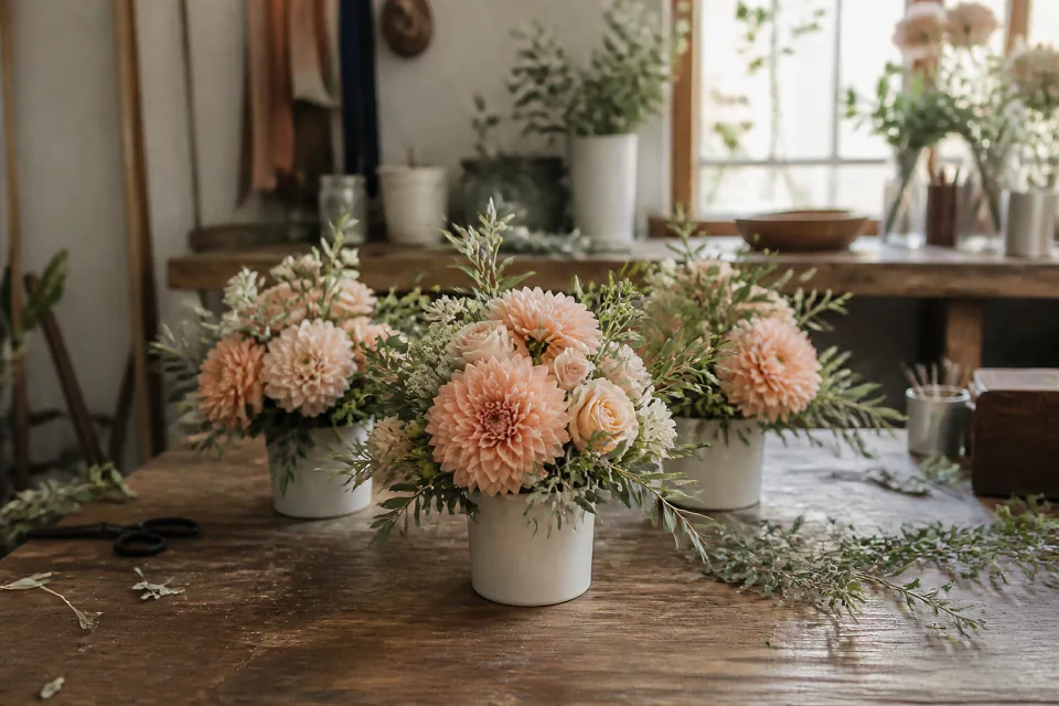 Préparation florale pour un mariage — illustration générée par IA
