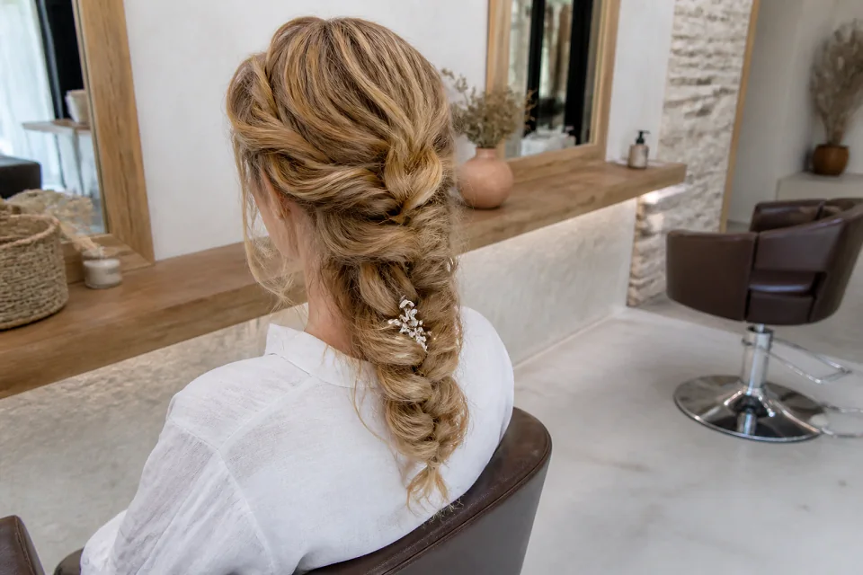 Coiffure de cérémonie vue pendant la préparation — illustration générée par IA