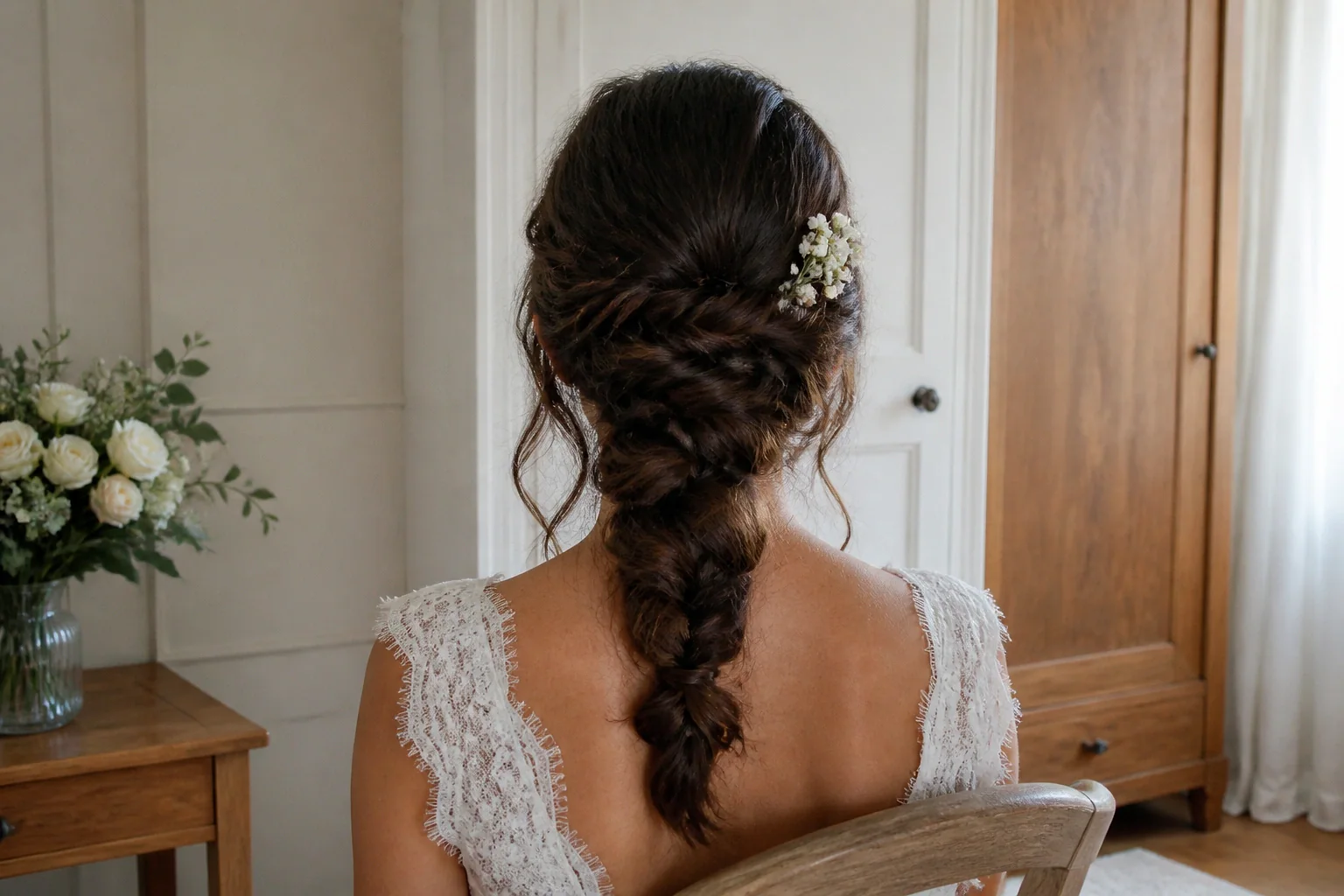 Coiffure de cérémonie vue pendant la préparation — illustration générée par IA