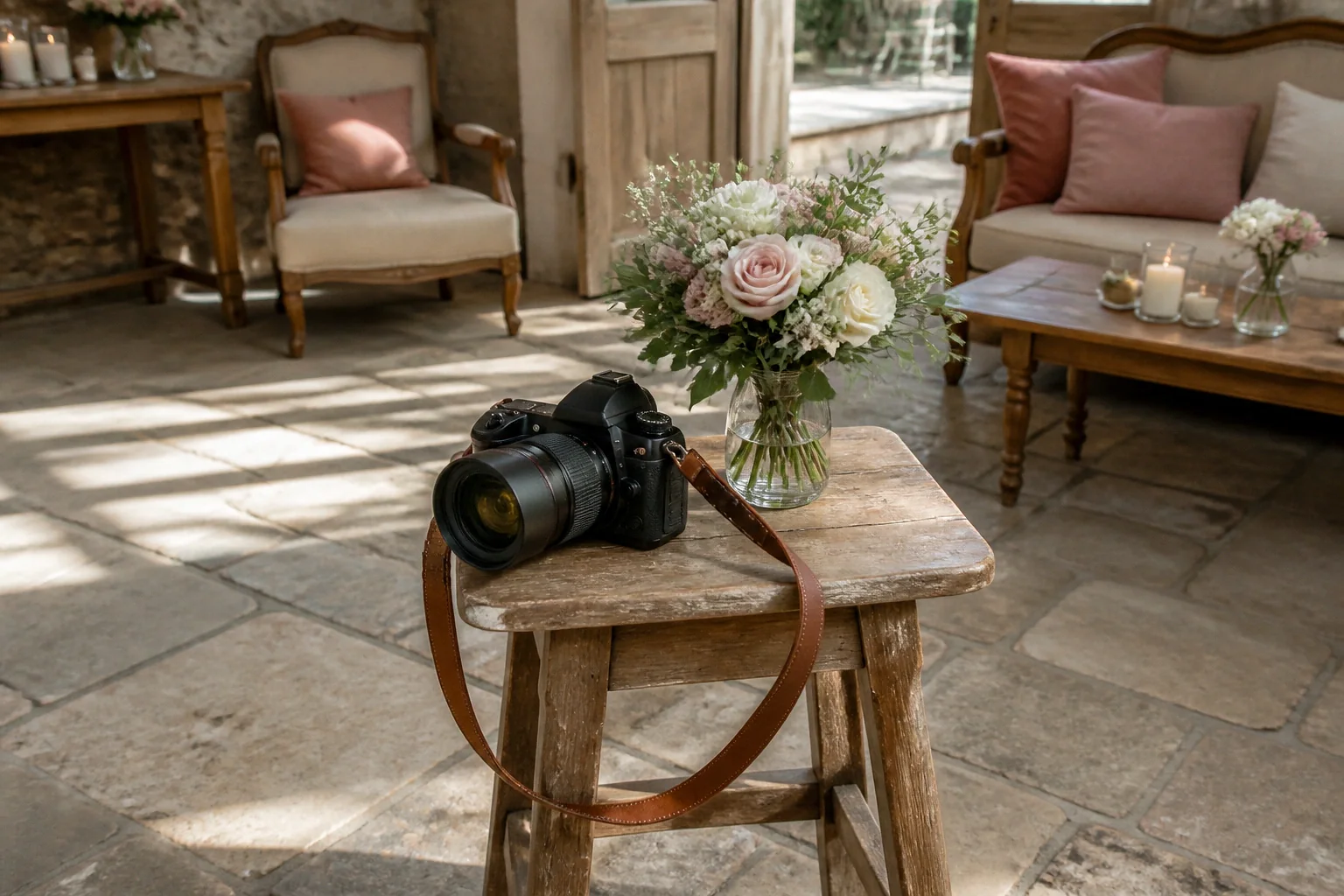 Appareil photo et accessoires de reportage de mariage — illustration générée par IA