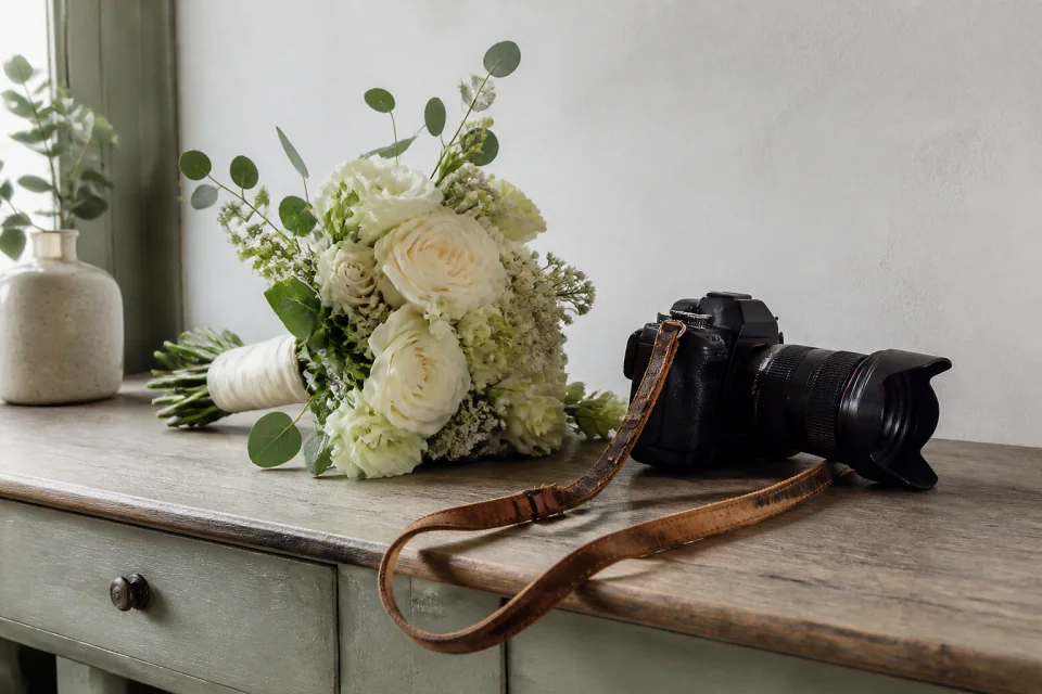 Appareil photo et accessoires de reportage de mariage — illustration générée par IA