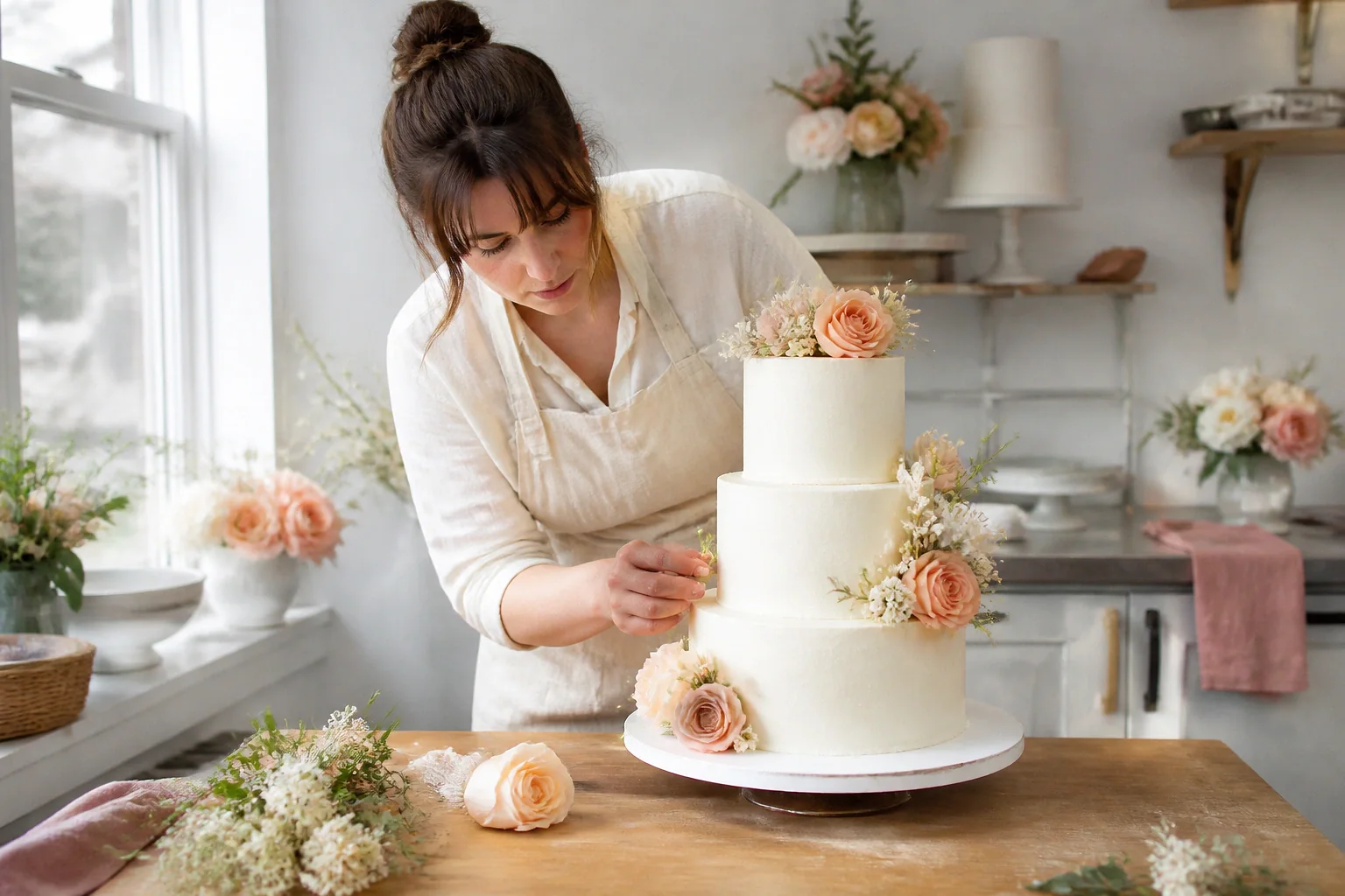 Gâteau de mariage préparé dans un atelier — illustration générée par IA