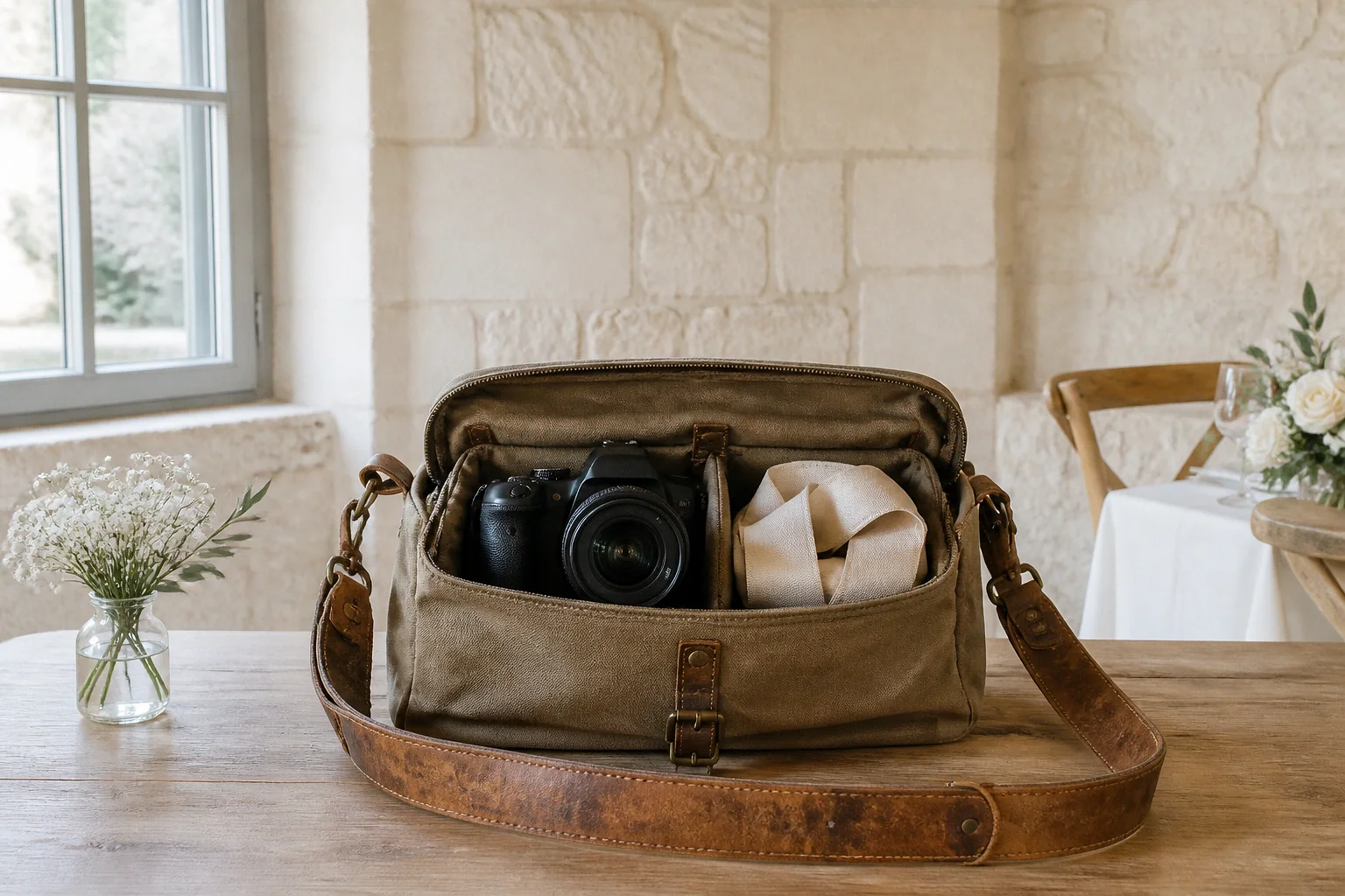 Appareil photo et accessoires de reportage de mariage — illustration générée par IA