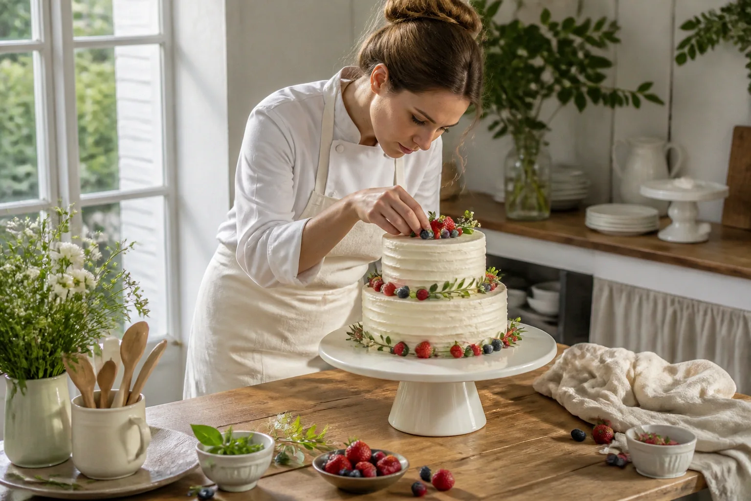 Gâteau de mariage préparé dans un atelier — illustration générée par IA
