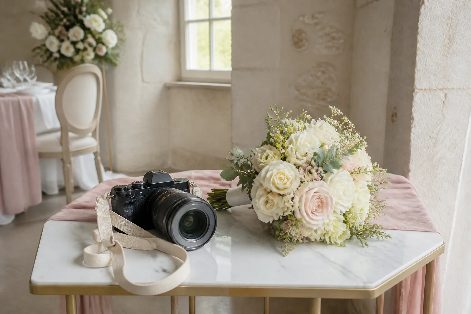 Appareil photo et accessoires de reportage de mariage — illustration générée par IA