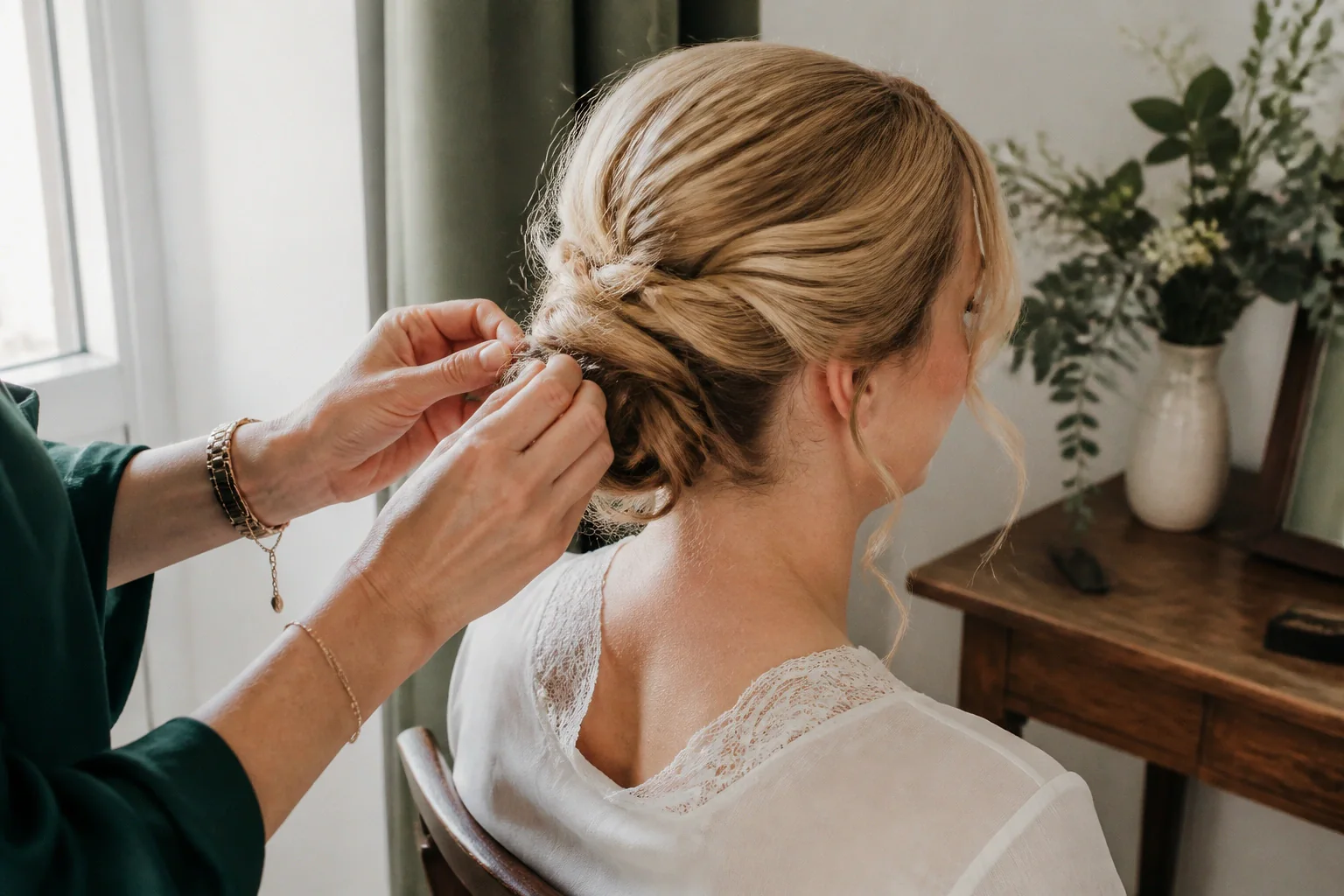 Coiffure de cérémonie vue pendant la préparation — illustration générée par IA