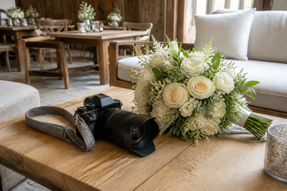 Appareil photo et accessoires de reportage de mariage — illustration générée par IA