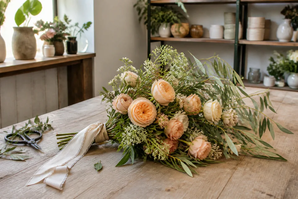Préparation florale pour un mariage — illustration générée par IA