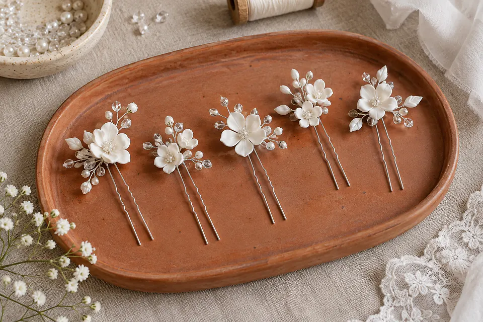 Pics à chignon fleuris sur un plateau en céramique — illustration générée par IA
