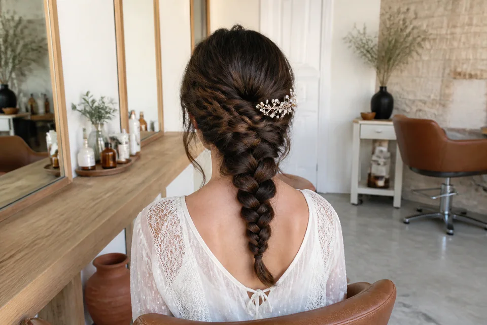 Coiffure de cérémonie vue pendant la préparation — illustration générée par IA