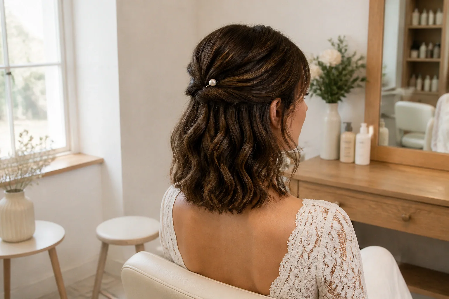 Coiffure de cérémonie vue pendant la préparation — illustration générée par IA