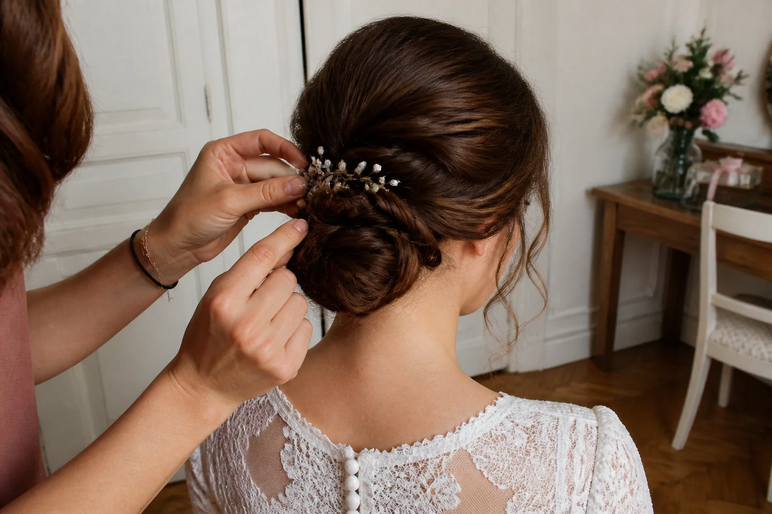 Coiffure de cérémonie vue pendant la préparation — illustration générée par IA