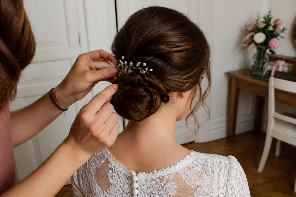 Coiffure de cérémonie vue pendant la préparation — illustration générée par IA
